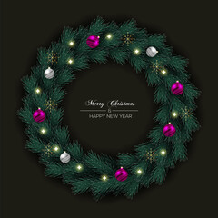 Christmas Wreath With Dark Pine Branch And Ball