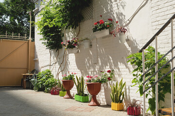 Fototapeta na wymiar Colorfull floral street with white brick wall in Mediterranean town