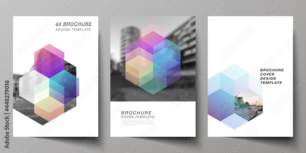 Aufkleber vector layout of a4 format cover mockups design templates with colorful hexagons, geometric shapes, 