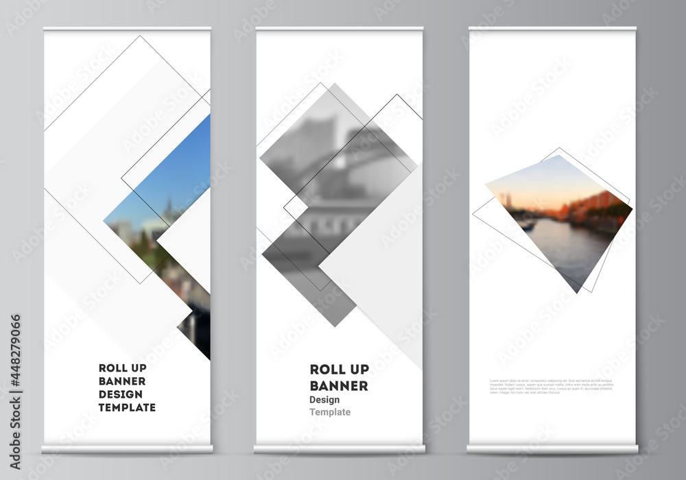 Poster vector layout of roll up mockup design templates with geometric simple shapes, lines and photo place