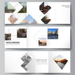 Vector layout of square format covers design templates with geometric simple shapes, lines and photo place for trifold brochure, flyer, magazine, cover design, book, brochure cover.