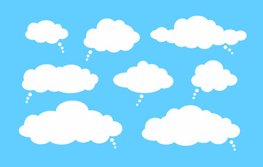 Vector Set of Thought Comic Clouds, Flat Design Elements, White Frames on Sky Blue Background.
