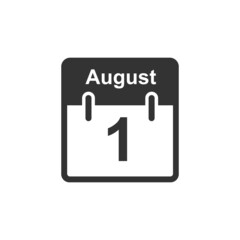 August 1 Calendar icon.Vector illustration,flat style Date,day of month Sunday Monday Tuesday Wednesday Thursday Friday Saturday. Weekend red letter day. Holidays in August. NEW