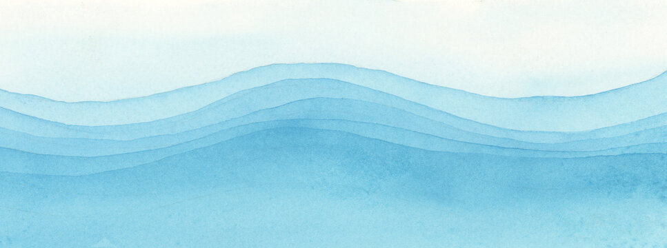 Abstract Watercolor and acrylic flow blot smear painting.  Sea wave water. Blue Color canvas texture horizontal long background.