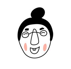 Portrait joyful of a old cheerful woman in glasses in Scandinavian style. Illustration of an avatar of grandma. Hand drawn face people isolated on white background