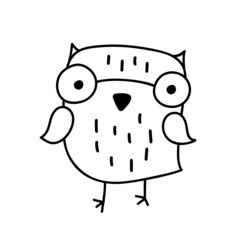 Hand drawn black white vector illustration owl fly bird in glasses. Art Coloring book owl. Cute sitting Owl sketch. Scandinavian Bird owl