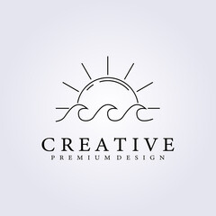 wave sun sunset sunrise icon logo sunburst lake water ocean vector illustration surf design