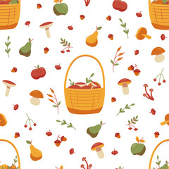 Seamless autumn pattern with mushrooms and fruits