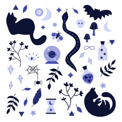 Naklejka premium Halloween doodle set with cats silhouette, bat, snake, spider and butterfly. Hand drawn leaves, mushrooms, elixirs, skull, moon and stars. Mystical esoteric symbols. Vector illustration.