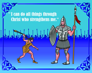 Wise motivational quote against the backdrop of the duel between David and Goliath. Vector illustration.