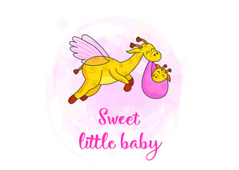 A postcard for a newborn. Funny flying giraffe. Hello Baby. Congratulations on the birth of a child. Birth certificate. Vector illustration. Hello world. Sweet little baby.