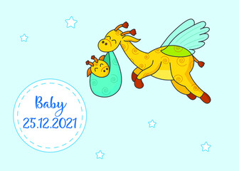 A postcard for a newborn. Funny flying giraffe. Hello Baby. Congratulations on the birth of a child. Birth certificate. Vector illustration. Hello world.