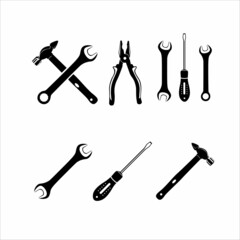 Silhouettes of tools for repair vector graphics. Black drawing on a white background for graphic and web design. Handyman tools.