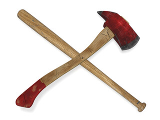 Baseball bat crossed firefighter axe 3d rendering