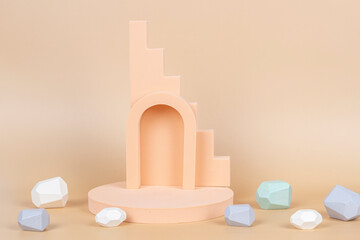 Abstract background trendy composition with geometric shapes forms podium, platform on pastel beige...
