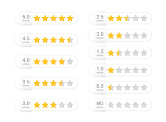 5 star rating. Five review icons. Yellow, gray feedback rate signs. Satisfaction golden mark. Product evaluation rank isolated on white background. Appraisal system quality. Vector illustration.
