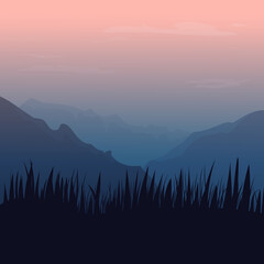 Moody vector nature illustration: mountains in fog at sunset or dawn with black grass.  Pink and blue landscape.