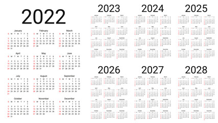 Calendar 2022 year. Week starts Sunday. Simple layout of pocket or wall calenders. Desk calendar template. Yearly Stationery organizer in minimal design, English. Vector illustration