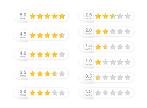 5 star rating. Five review icons. Yellow, gray feedback rate signs. Satisfaction golden mark. Product evaluation rank isolated on white background. Appraisal system quality. Vector illustration.