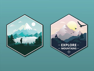 Mountains, birds, travel. Explore mountains. Silhouette of a tourist with a backpack. The traveler looks at the mountains, lake and forests. Hexagon frame