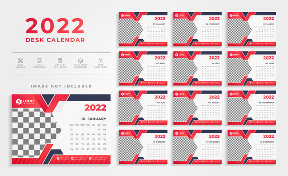 Creative Clean Red Color 2022 Desk Calendar Design Template