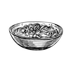 Noodle soup in plate. Vintage vector hatching hand drawn illustration isolated