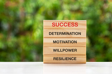 Success, determination, motivation, willpower, resilience text on wood block