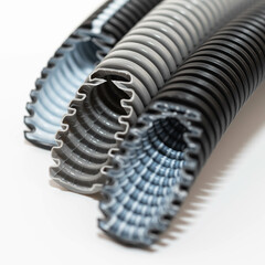 PVC flexible electrical conduit isolated on white background. Plastic curvilinear hoses. Colored...