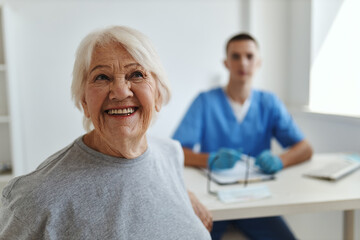 cheerful elderly woman at the doctor's appointment hospital health