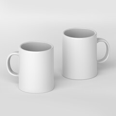 Mugs mockup with workspace accessories, dried flowers in vase on white table. Front view. Place for text, copy space, mockup
