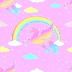 Flying unicorns silhouettes seamless pattern. Pink and blue pegasus silhouettes on a pink background with a rainbow.
