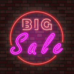 Obraz na płótnie Canvas Big sale neon banner vector template. Glowing night bright lettering sign with red frame on brick background.