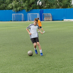 The boy loves to play football, trains with the ball on the artificial turf and scores a goal. The boy plays football