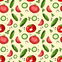 Seamless pattern with cucumbers and tomatoes. The illustration is drawn with live lines by hand in the doodle style. Design for clothing fabric and other items.