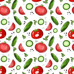 Seamless pattern with cucumbers and tomatoes. The illustration is drawn with live lines by hand in the doodle style. Design for clothing fabric and other items.