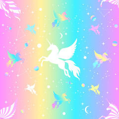 Obraz na płótnie Canvas Seamless pattern of winged unicorns flying among the stars and planets.