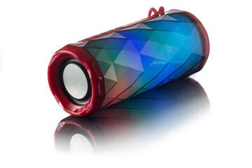 Portable Bluetooth speaker with RGB backlight on a white background.