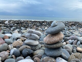 stack of stones. stones on the beach.
