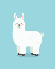 Cute lama isolated on blue background. Vector illustration