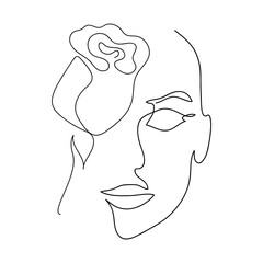 Vector illustrations design.woman face with rose flower. Continuous line drawing