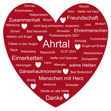 Ahrtal Text Wolke auf rotem Herz &uuml;ber Flutkatastrophe Ahr Hochwasser 2021 mit Ortsnamen