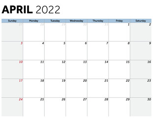 April 2022 Calendar Month dates