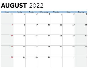 August 2022 Calendar Month dates