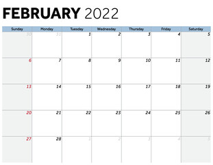 February 2022 Calendar month dates page 