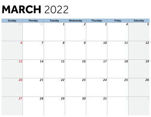 Calendar March 2022 Month Dates