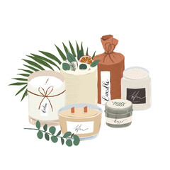 Various scented candles collection, perfumed natural wax soy candle in glass jar with wooden wick, composition decorated with tropical leaves, home spa ritual, hand drawn vector illustration
