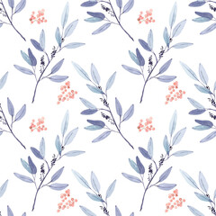 Seamless background with indigo leave and red berry doodles, white background. Luxury pattern for creating textiles, scrapbook, wallpaper, paper. Vintage. Romantic floral Illustration