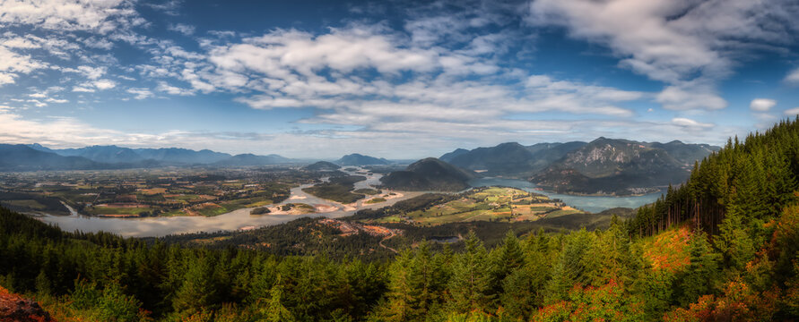 Panoramic View of Fraser Valley from top of the mountain. Canadian Nature Landscape Background. Harrison Mills near Chilliwack, British Columbia, Canada. Art Render