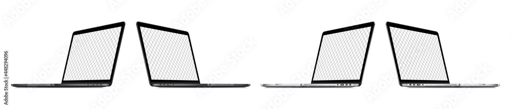 Poster laptop computer sideway view mockup vector set. pc black and silver mock-up sideways perspectives. e