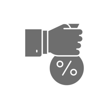 Fixed interest rate, hand with money bag grey icon.